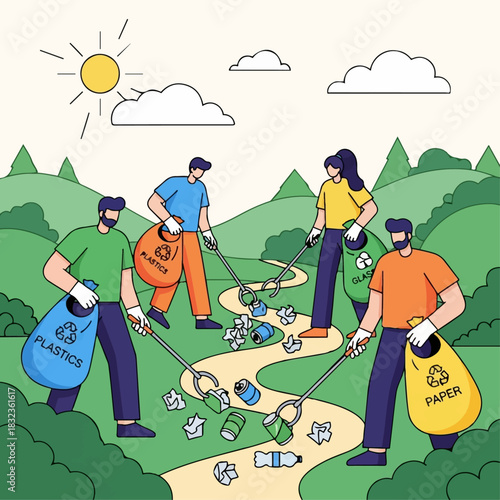 Illustration of a group of volunteers cleaning up a park path, sorting litter into recycling bags for plastics, paper, and glass.