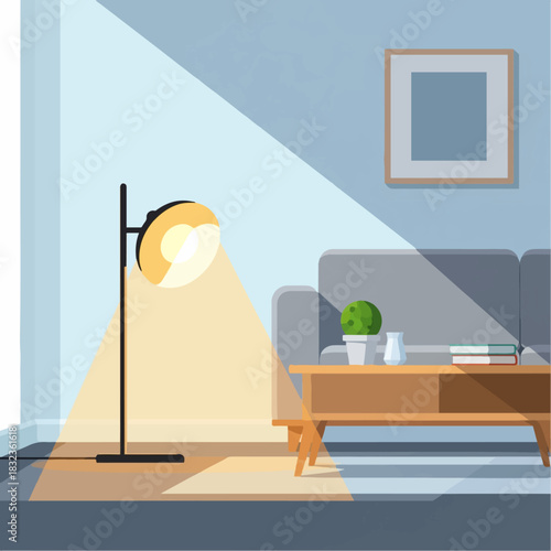 Modern living room interior with a floor lamp casting warm light, contrasting with the cool tones of sunlight and shadow.