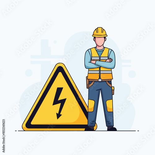 Illustration of an electrician in a hard hat and safety vest next to a high voltage warning sign.