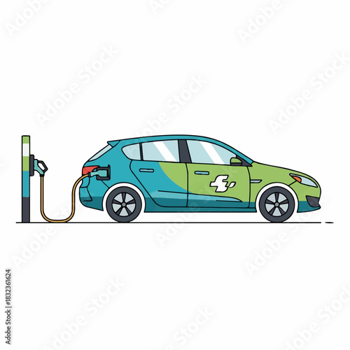 A modern electric hatchback car being recharged at a public EV charging station, depicted in a clean vector illustration style.