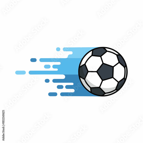 A classic soccer ball flying quickly through the air with a blue motion trail effect.