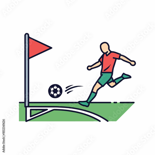 A soccer player in a red shirt and green shorts takes a corner kick on the field.