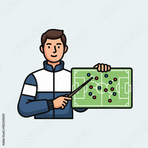 A cartoon football coach explaining game strategy on a tactics board with a pointer.