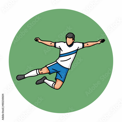 Cartoon illustration of a male soccer player jumping in the air to celebrate a goal inside a green circle.