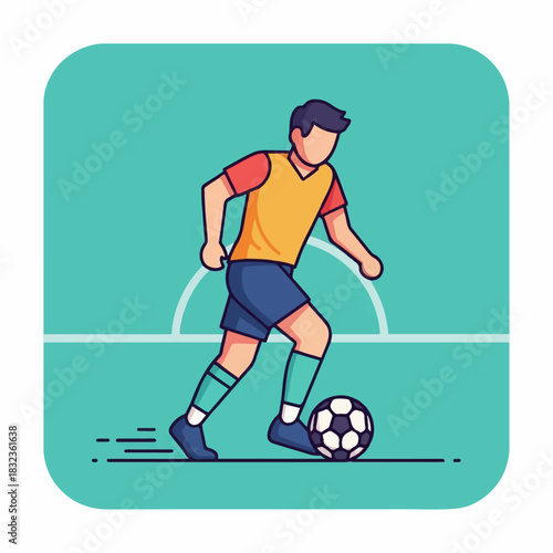 A cartoon illustration of a male soccer player dribbling a ball on a green field.