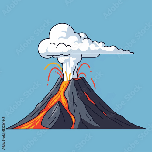Cartoon volcano eruption with flowing lava and a plume of smoke against a blue sky.