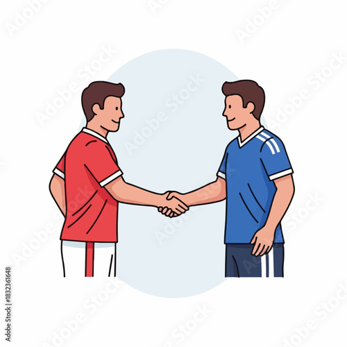 Two male soccer players from opposing teams shaking hands in a display of good sportsmanship.
