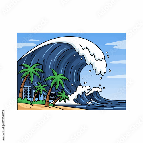 A massive cartoon tsunami wave is about to crash onto a tropical beach with palm trees and a city in the background.
