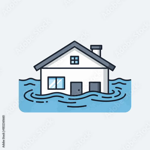 A simple cartoon illustration of a house partially submerged in rising flood waters.