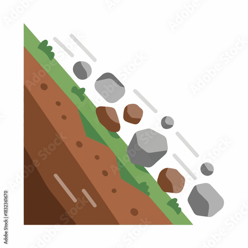 Vector illustration of a landslide with rocks and debris falling down a steep hill.