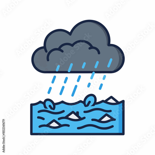 A cartoon icon of a dark storm cloud raining heavily into a flooded area with waves.