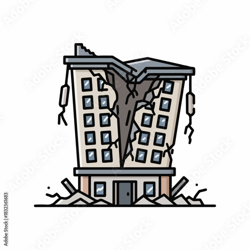 A cartoon illustration of a building destroyed and cracked in half by an earthquake, with debris on the ground.