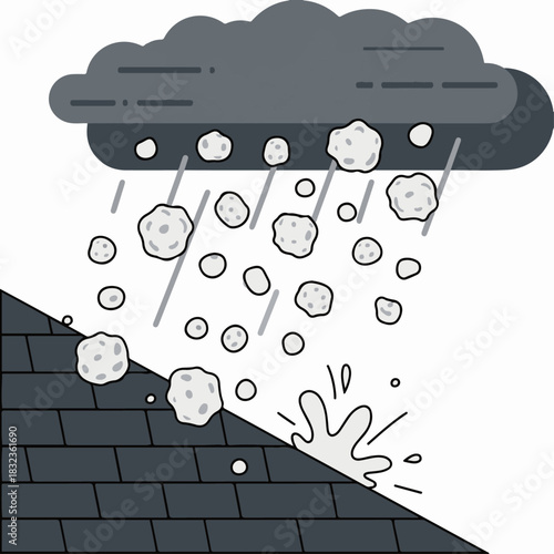 Illustration of a severe hailstorm with large hailstones and rain falling from a dark cloud and hitting a shingled roof.