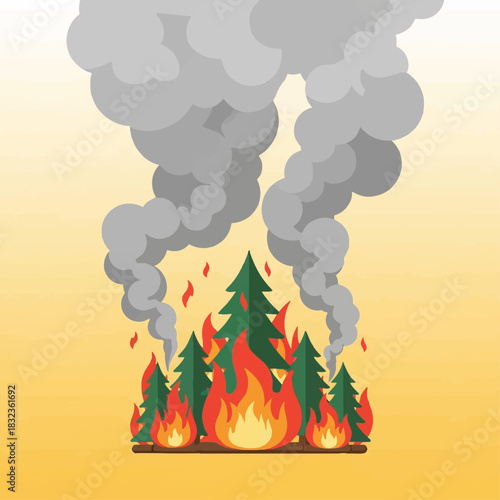 A vector illustration of a forest fire with evergreen trees burning and thick grey smoke rising into the sky.