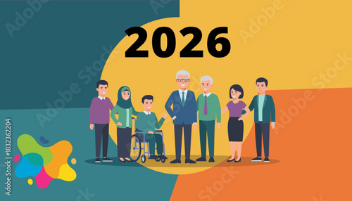Diverse professional team portrait with date 2026 Disability ethnicity and gender inclusion