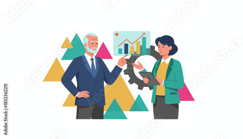 Professionals reviewing financial growth data and business process illustration