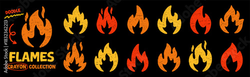 Crayon fire flame doodle set. Punk rock burning elements in sketch style, grunge chalk texture. Hand drawn vector illustration isolated on black background