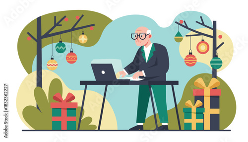 Senior man working on laptop in a holiday setting with Christmas gifts and ornaments