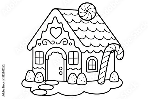 Whimsical christmas coloring page for children featuring festive gingerbread house with candy elements. concept of holiday fun, creative activity, celebrating christmas