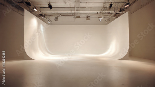 A spacious, empty professional photography studio showcasing a perfectly lit seamless white cyclorama wall and floor, ready for creative content creation.