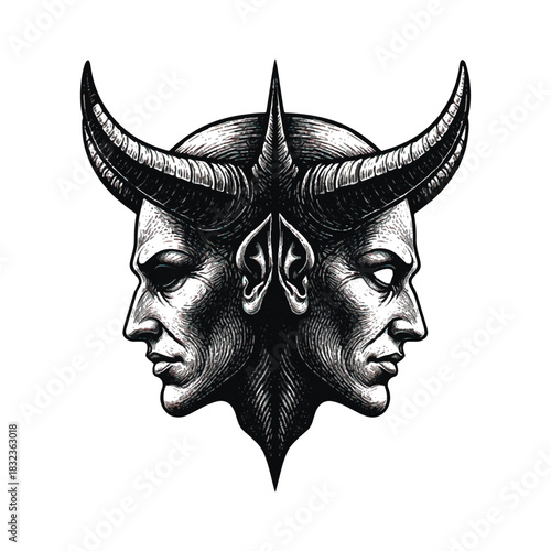 Line art black and white engraving style vector illustration of a two faced demon or devils head with large horns. Perfect for dark art, rock, or occult themes.