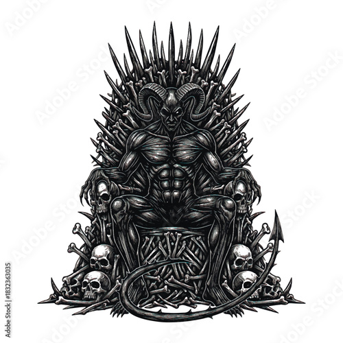 Intense dark art vector illustration. A muscular, horned demon or devil sits on a spiked throne made of bones and skulls. Ideal for death metal and fantasy themes.