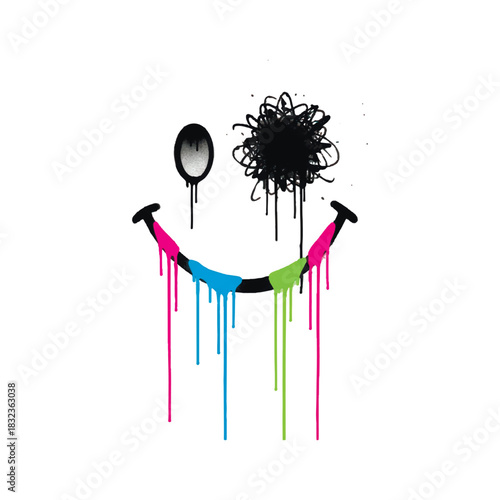 Neon graffiti smiley face illustration. Black scribble and dripping paint smile in pink, blue, and lime green. Edgy urban pop art design for posters, apparel.