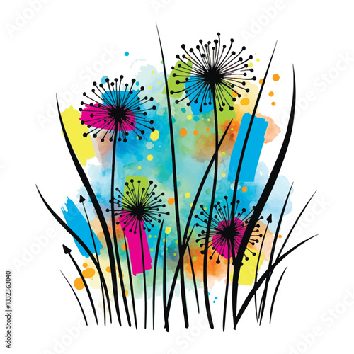 Colorful abstract dandelion illustration. Black floral silhouette over a vibrant watercolor splash background. Perfect for wall art or T-shirts. Vector design.