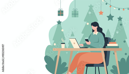 Remote work during Christmas Woman uses laptop and phone in festive office with copy space