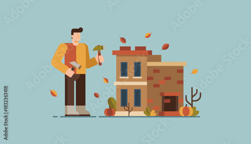 Man with tools standing next to a house Home repair building or maintenance in autumn