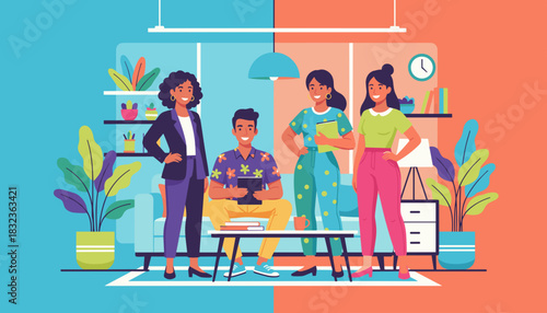 Successful diverse business team posing in a modern vibrant office workspace illustration