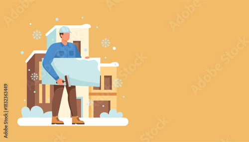 Professional worker installing building insulation or performing winter maintenance in snowy weather