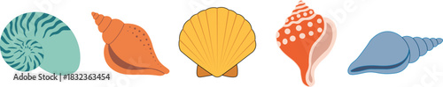 Cartoon illustration of vibrant sea shells in a variety of shapes and patterns using a flat vector set. For beach, card, sea, ocean, summer, marine, and vacation designs