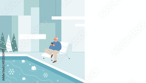 Elderly man using smartphone while relaxing by a freezing outdoor pool in a cold modern winter scene