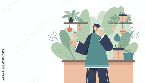Woman talking on phone surrounded by gifts and plants Holiday shopping or customer service concept