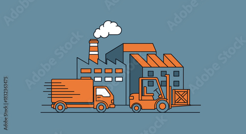 Vector illustration of factory logistics truck delivering goods forklift moving crate