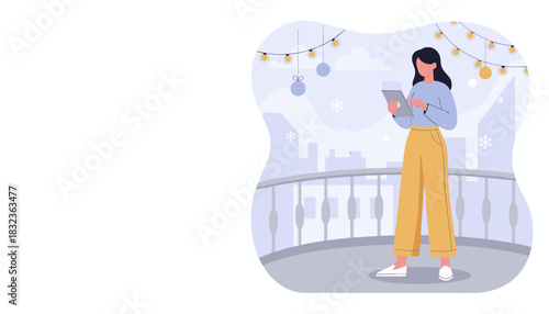 Woman using a digital tablet on a balcony with city view and festive lights Holiday planning