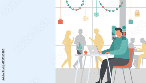 Modern worker using laptop in a coworking space decorated for winter holidays and Christmas