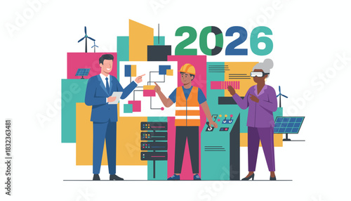 Future planning and development for 2026 diverse team uses tech for sustainable industry