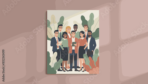 Diverse professional team illustration on a poster representing collaboration and corporate success