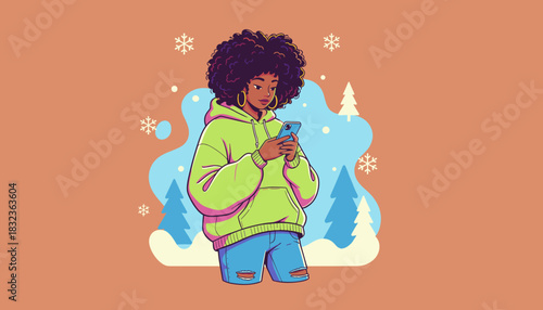 Stylish young woman with afro texting on a phone in a winter scene modern vector illustration