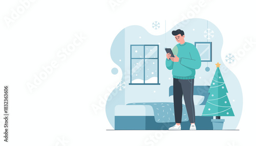 Stressed man checking smartphone by a Christmas tree experiencing holiday loneliness or depression