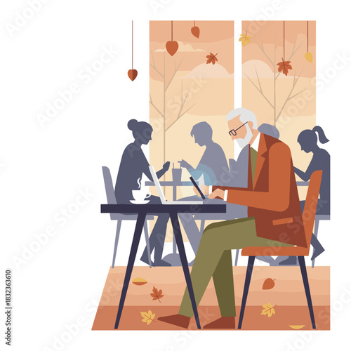 Senior man works on tablet in an autumn cafe Busy cozy lifestyle illustration