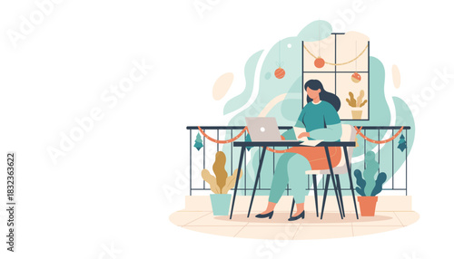 Remote worker using laptop on a festive balcony during the holidays