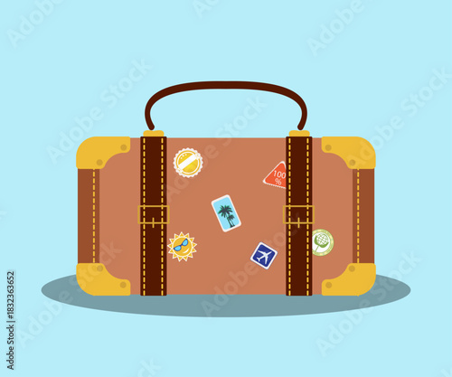 Suitcase, travel bag, bag, leather luggage, retro style, with straps and handle, stickers, stamps