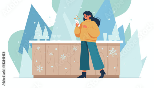 Winter frustration Woman sees angry notification on mobile device at snowy bar backdrop