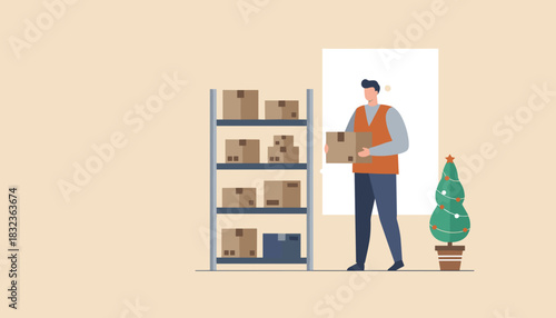 A worker prepares holiday orders in a warehouse with a Christmas tree Ecommerce logistics
