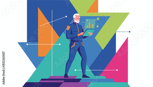 Futuristic businessman analyzes digital data visualizations on a tablet