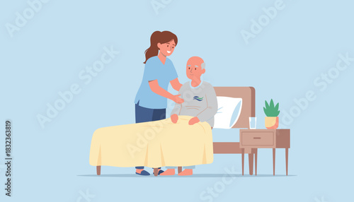 Healthcare worker helping senior man sit up in bed Elderly care and compassionate service