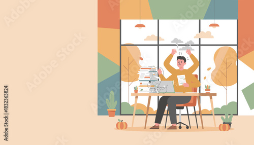 Stressed worker overwhelmed by excessive paperwork and deadlines in the office Multitasking concept